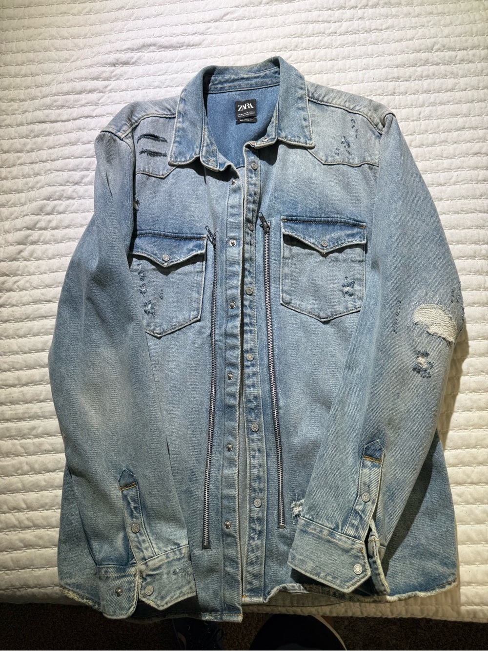Zara Light Blue Distressed Denim Shirt Jacket